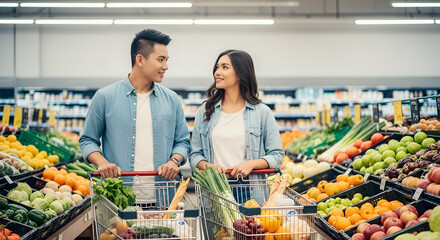 Young Couple Grocery Shopping Together in Store