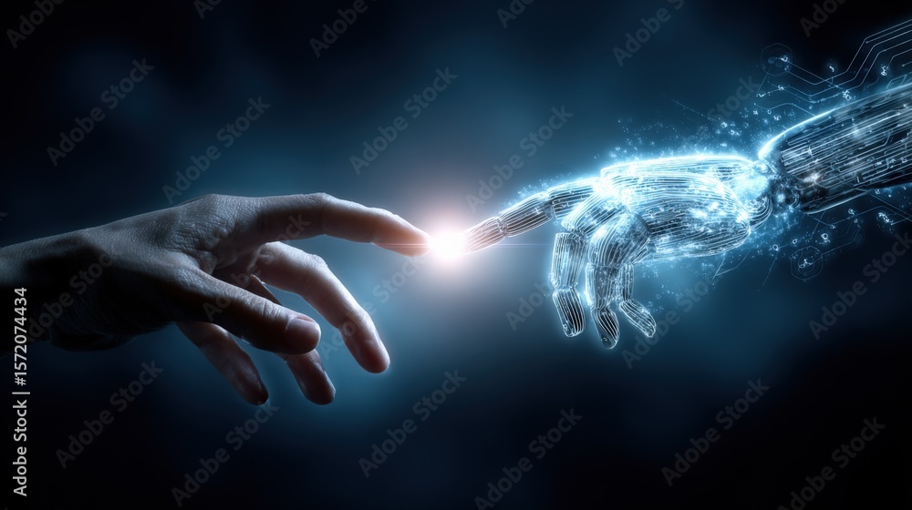 Poster highly detailed digital art depicting the connection between human and artificial ligence with glowi