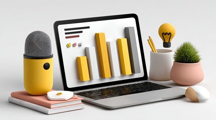 Business Concept: Laptop with Bar Graph, Light Bulb, Microphone
