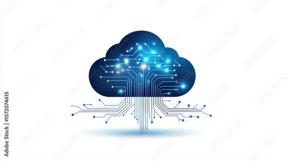 Aufkleber clipart of cloud computing, code, and ai nodes forming a digital circuit, white background