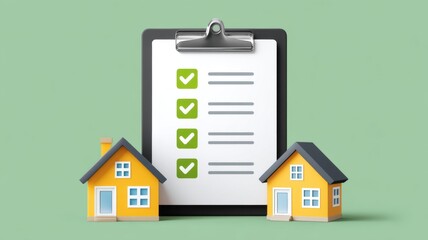 Home inspections with checklist. Checklist with green checks and model houses on a light background.