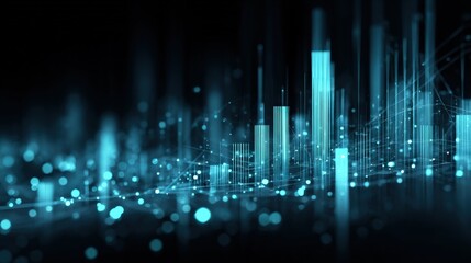 High Tech Digital Data Stream with Glowing Vertical Bar Graphs and Light Dots in Futuristic Blue Underground Market Concept