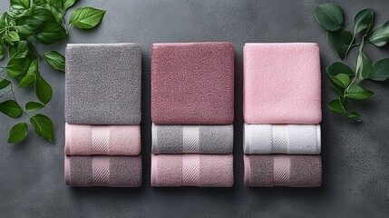 Fresh basil leaves with towel set on gray background

