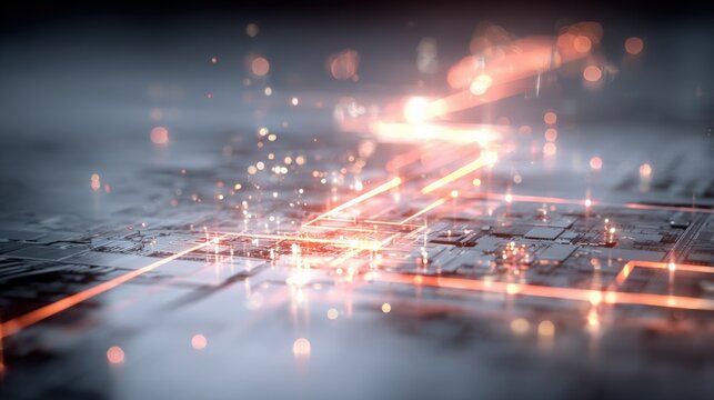 Highly detailed close-up of a futuristic glowing digital circuit board with illuminated pathways and binary code elements for advanced technology concepts