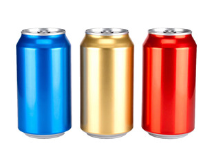 Set of three colorful soda cans on transparent background