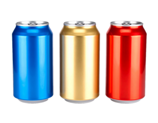 Set of three colorful soda cans on transparent background