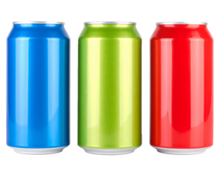 Set of three colorful soda cans on transparent background
