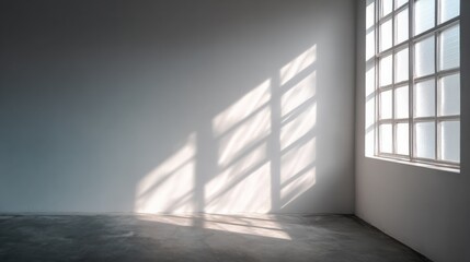 Fototapeta premium Minimalist empty room with large window casting natural sunlight shadows on plain wall and polished concrete floor, bright interior space