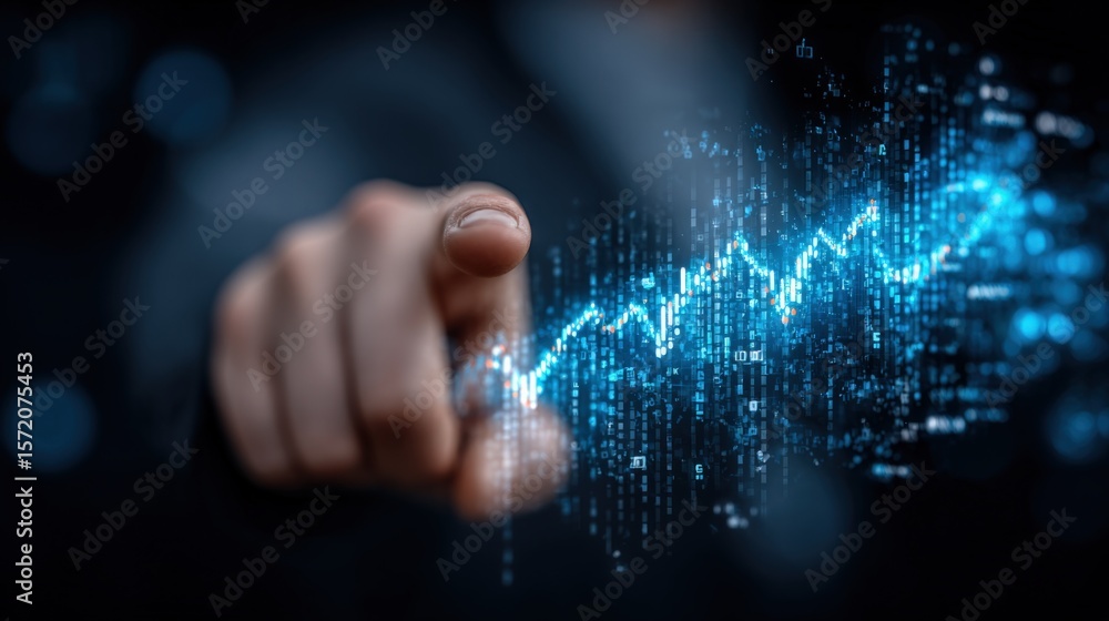 Poster close-up of a human hand touching glowing digital data streams and graphs representing technology an