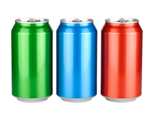 Set of three colorful soda cans on transparent background