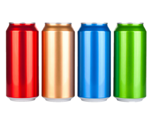 Set of colorful aluminum beverage cans isolated on transparent background