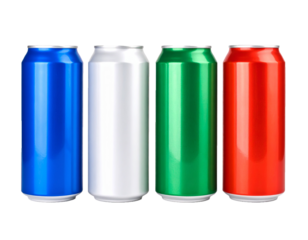 Set of colorful aluminum beverage cans isolated on transparent background