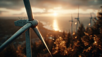 Large wind turbine spinning in the golden sunset sky with ocean view and distant wind turbines on a scenic hillside landscape