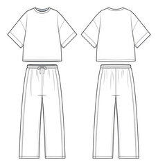 Matching T-Shirt and Pants Technical Fashion Flats. Men’s Outfit Vector Template. Front and Back design. Relaxed Fit. Straight Pants. Short-Sleeve Tee. White Color. CAD Mockup Set.