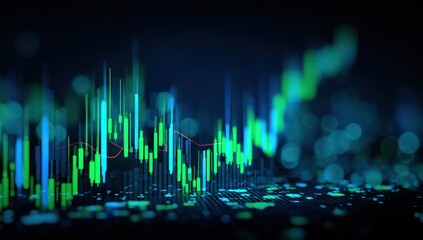 Abstract digital stock market graph with glowing green and blue bars and lines showing financial data and investment analysis concept