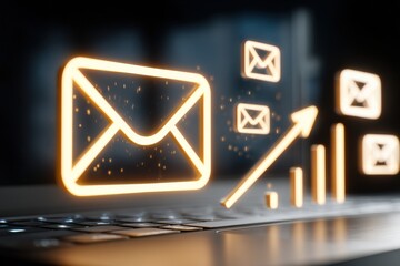 Fototapeta premium Digital Email Marketing Communication Concept with Neon Icons of Envelopes and Graph Growth Over Cloud Technology Background