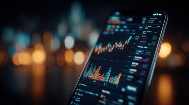 Close-up of a smartphone displaying financial charts and stock market data at night with blurred city lights in background