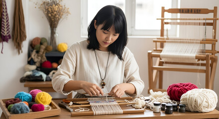 Young Woman Learning Traditional Handicrafts in Studio