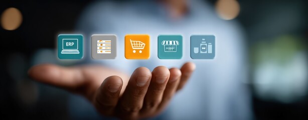Business person holding out hand with digital icons representing ERP software shopping cart barcode scanner and payment terminal for online retail services