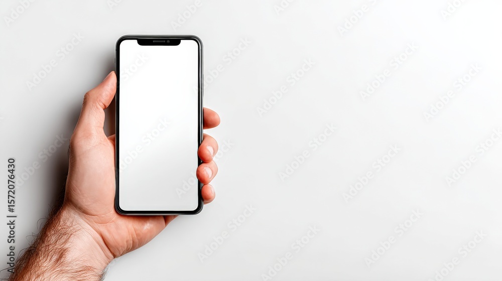 Poster hand holding smartphone with blank screen in portrait orientation ready for mockup or digital conten