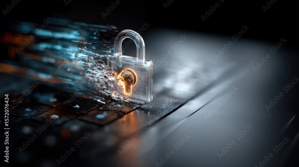 Poster close-up of a digital security padlock icon emerging from a glowing laptop keyboard with a dark back