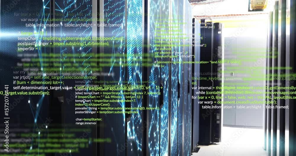 Poster on start server racks glowing blue network visuals initiating code streaming for showing data flow