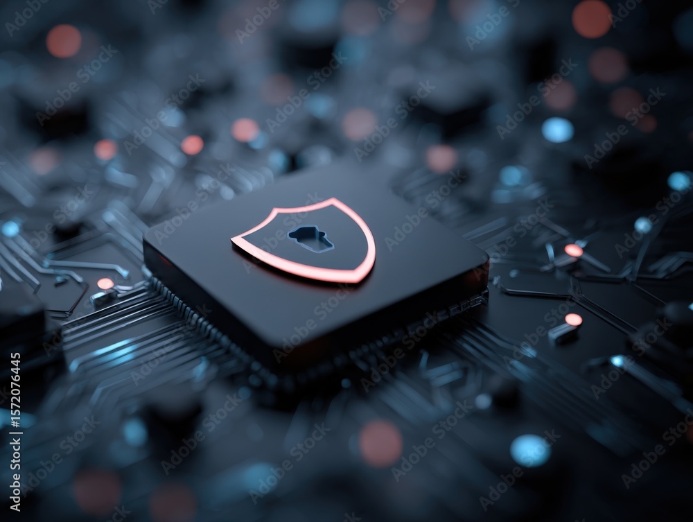 Poster futuristic black cybersecurity computer chip with neon pink shield icon on circuit board for data se