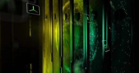Initiating globe emergence camera panning server racks icons floating in order showing energy flow - Powered by Adobe
