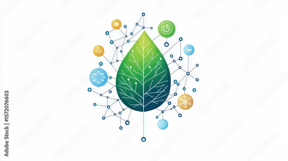 Poster flat clipart of a neural net shaped like a leaf, symbolizing bio-inspired ai on a white background