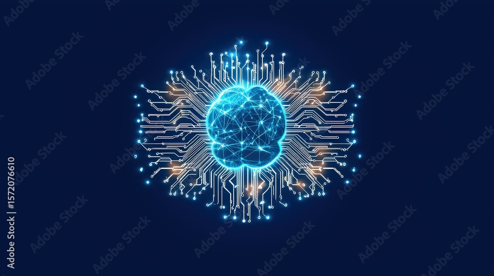 Aufkleber flat icon-style clipart showing a computer chip morphing into a neural network web, representing dee
