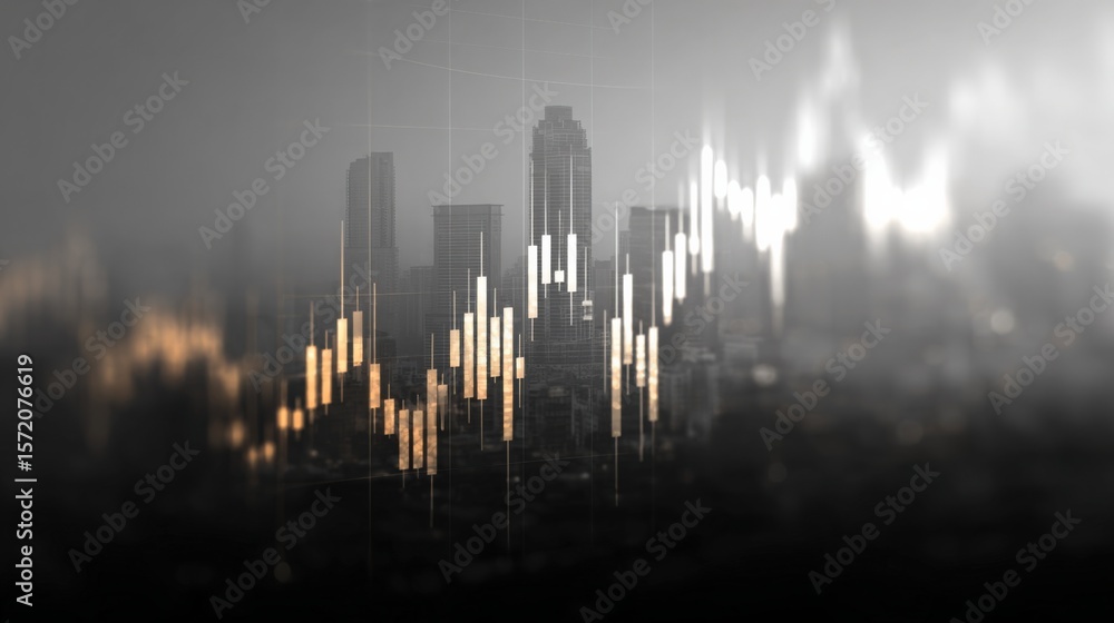 Aufkleber modern digital financial data visualization with glowing bar graphs and abstract city skyline in fut
