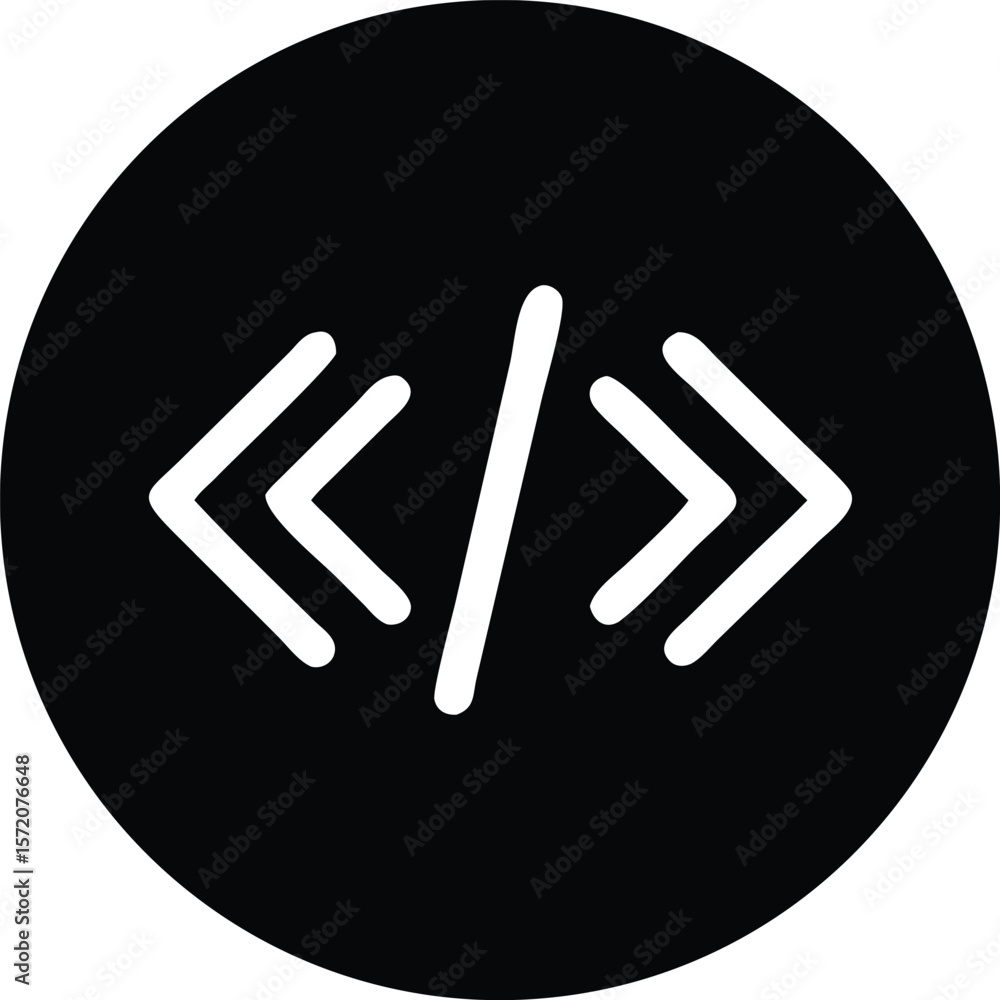 Poster vector art of a black circle highlights a white code symbol, representing programming and developmen