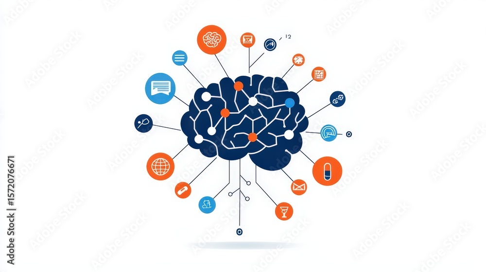 Poster flat vector of ai brain diagram with branching node pathways, illustrating a neural network concept 