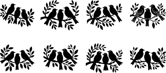 group of Bird with leaf silhouette vector and illustration