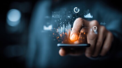 Modern business professional using a smartphone with digital data analytics icons and graphs for technology and innovation concepts