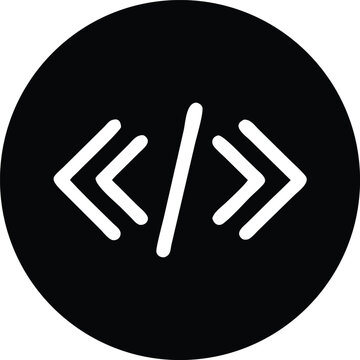 Vector art of a black circle highlights a white code symbol, representing programming and development