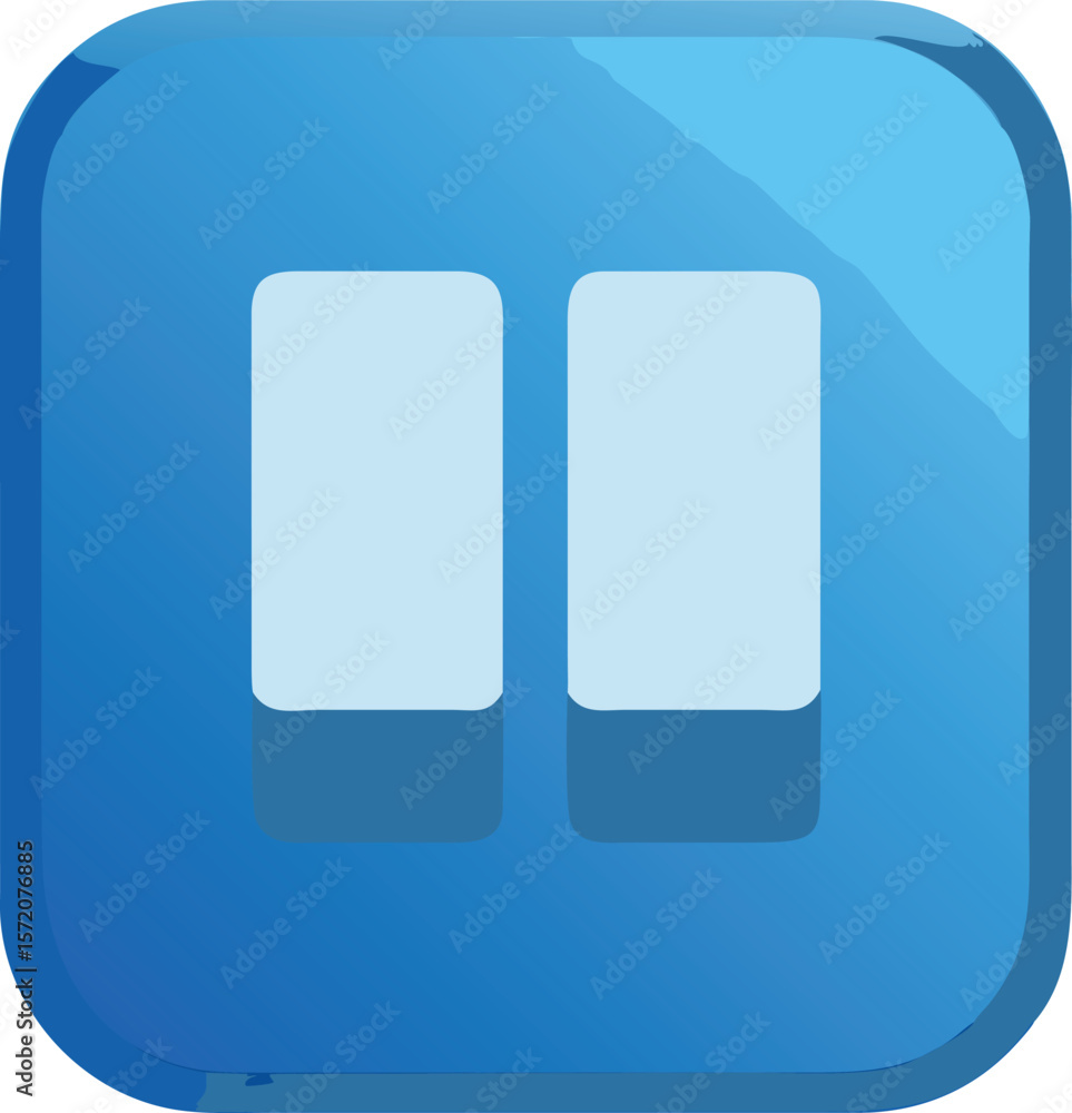 Poster vector art of a glossy blue square button displays a pause icon, two lightblue vertical rectangles, 