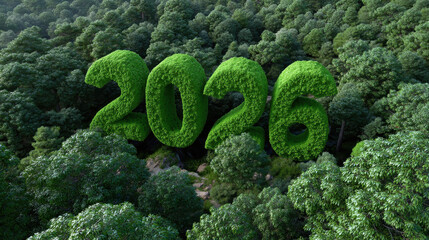 Green 2026 numbers shaped from lush foliage in a dense forest