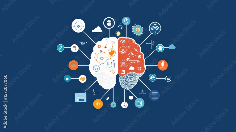 Poster futuristic flat design of a brain connected to a digital interface through wires and icons