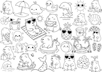 Capybara Beach Summer Vacation with Cute Cartoon Tropical Animal Illustration