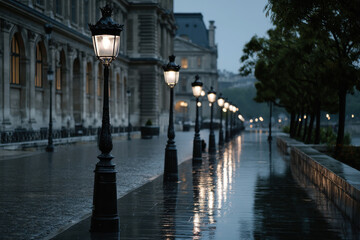 Naklejka premium Row of ornate street lamps illuminating a wet cobblestone path in paris at dusk