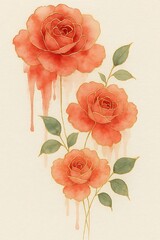 Elegant arrangement of coral roses with golden accents in a delicate watercolor style illustration.