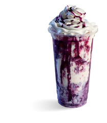 Iced blueberry milkshake with whipped cream topping
