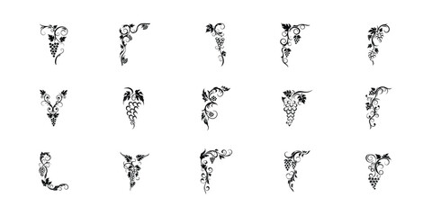 Vector collection of grapes vine silhouettes in stylish and decorative theme with elegant curves, wine elements, and artistic leaf and fruit patterns
