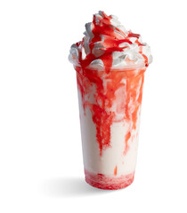 Iced strawberry milkshake with whipped cream and syrup
