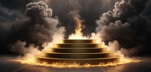 An elaborate golden tier pedestal rises amidst smoke and fire, glowing with mysterious allure.