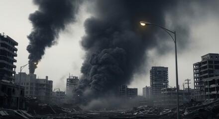 Desolate Urban Landscape with Smoke Rising From Destroyed Buildings