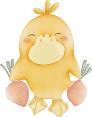 Hand drawn Cute duck holding carrot, watercolor illustration, cartoon