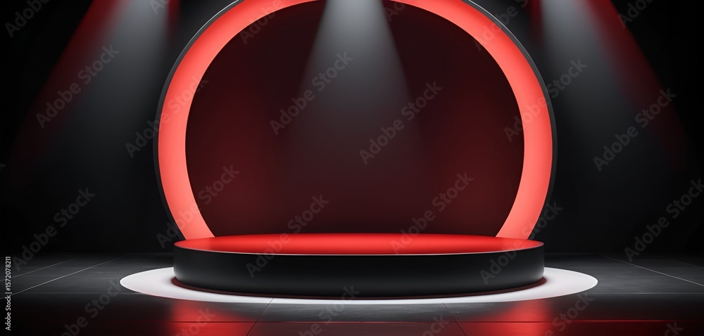 Poster a striking scene unfolds with a luminous red platform beneath spotlights in an abstract setting.