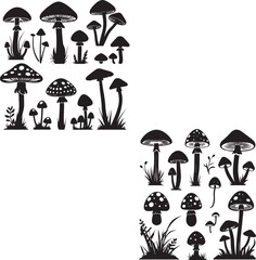 set of vector mushrooms nature black white background 